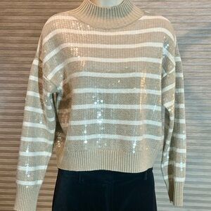 Striped Sequin Turtleneck Sweater - Beige & Ivory